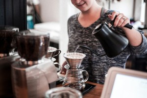 Hand pour-over Costa Rican specialty coffee being prepared at Susana's Cafe Kissimmee